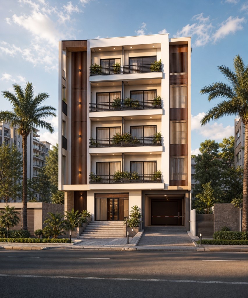 Five-story apartment building with wood and glass facade — 2:20 Partners, Addis Ababa